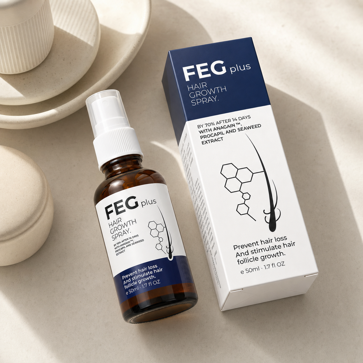 1.	FEG Plus Hair Growth Spray – Advanced Hair & Scalp Treatment with Anagain & Procapil | 50ml